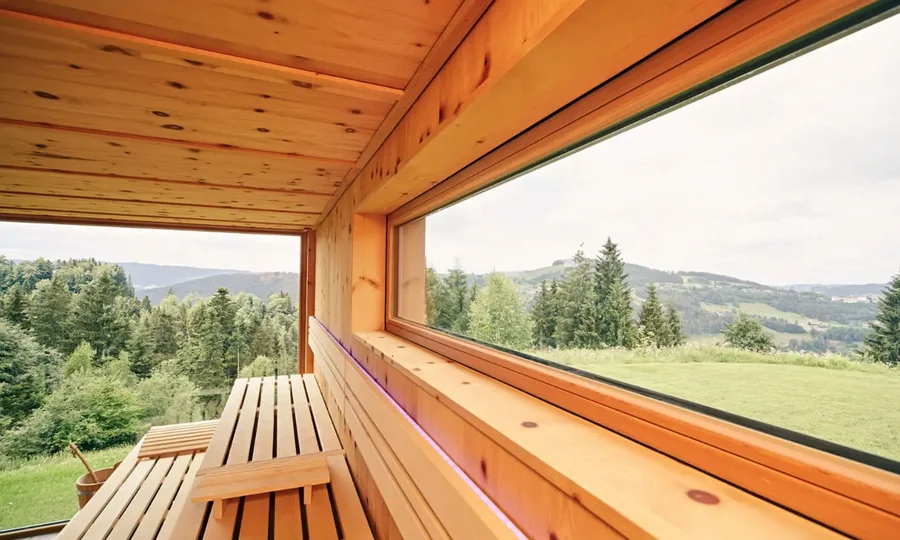 Sauna mit Panoramablick im Hotel Birkenhof Oberstaufen